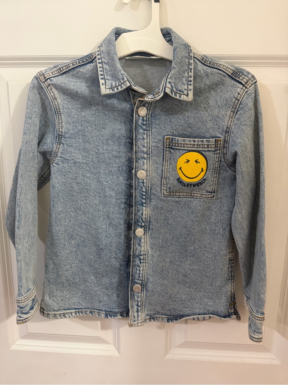 H&M Light Wash Denim Jacket with Yellow Smiley Patch